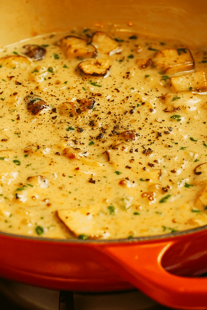 Creamy mushroom sauce simmering in an orange pot with herbs and black pepper