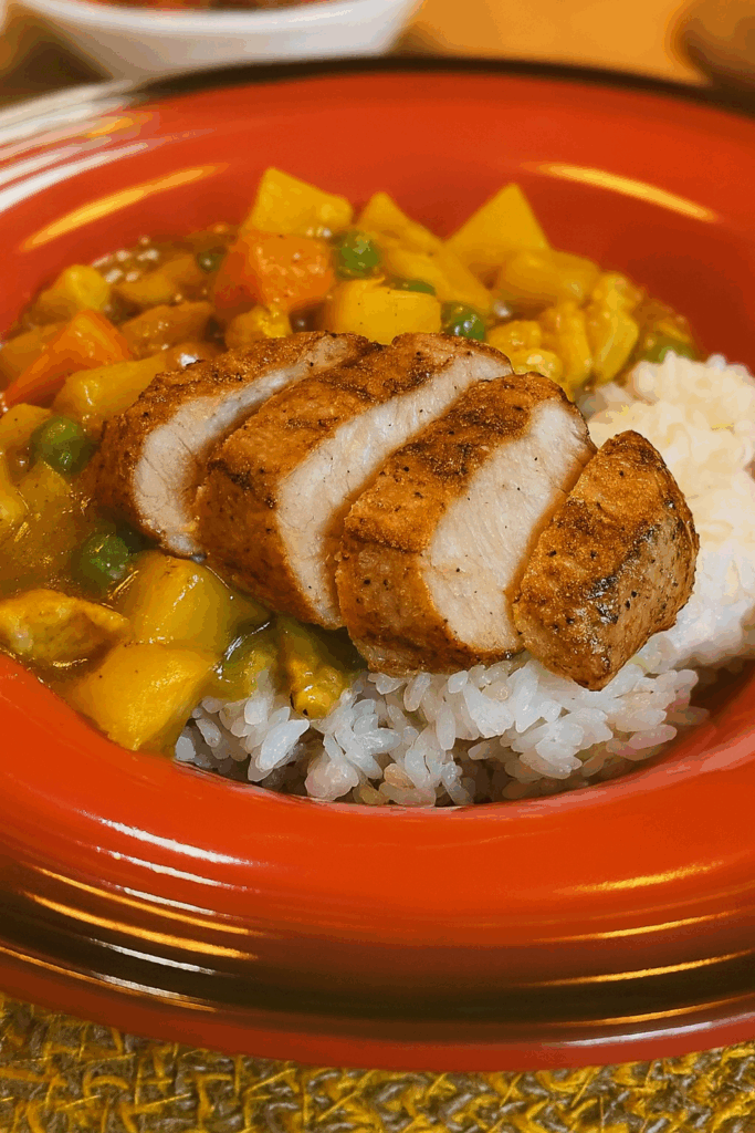 Sliced seared pork loin served over rice with mild Korean curry, featuring potatoes, carrots, and peas.